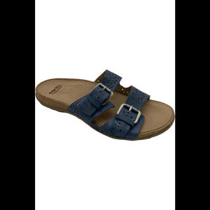 Earth Perforated Leather Slide Sandals Sand Antigua Sapphire Blue - Medium